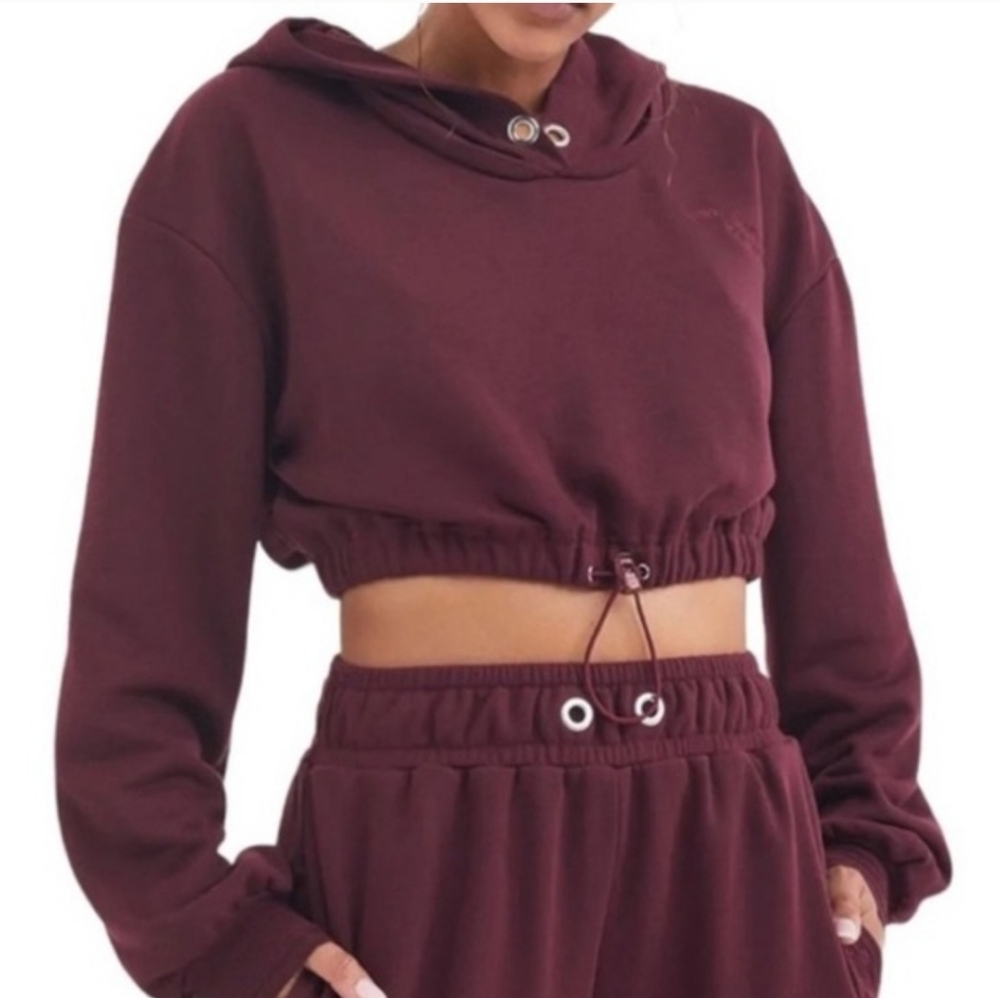 For Love‎ And Lemons Burgundy Knit Crop Hoodie Sweatshirt